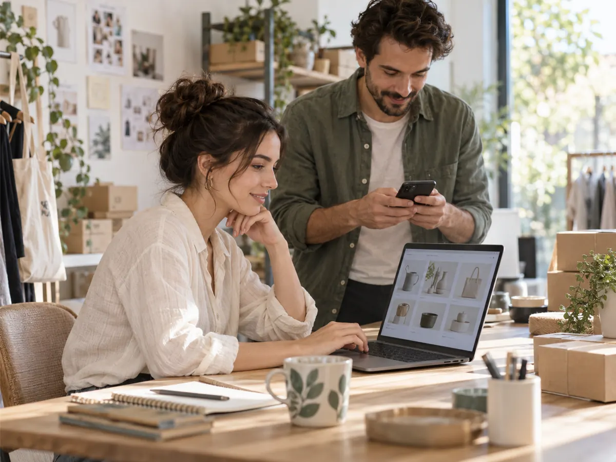 Ürün sayfalarını ve telefonunu kontrol eden küçük işletme ekibi