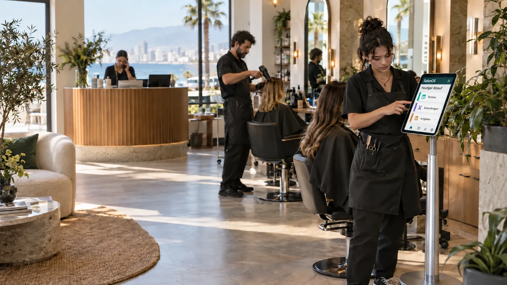 Salonteam mit der deutschen SalonOS-Ansicht auf einem Tabletständer