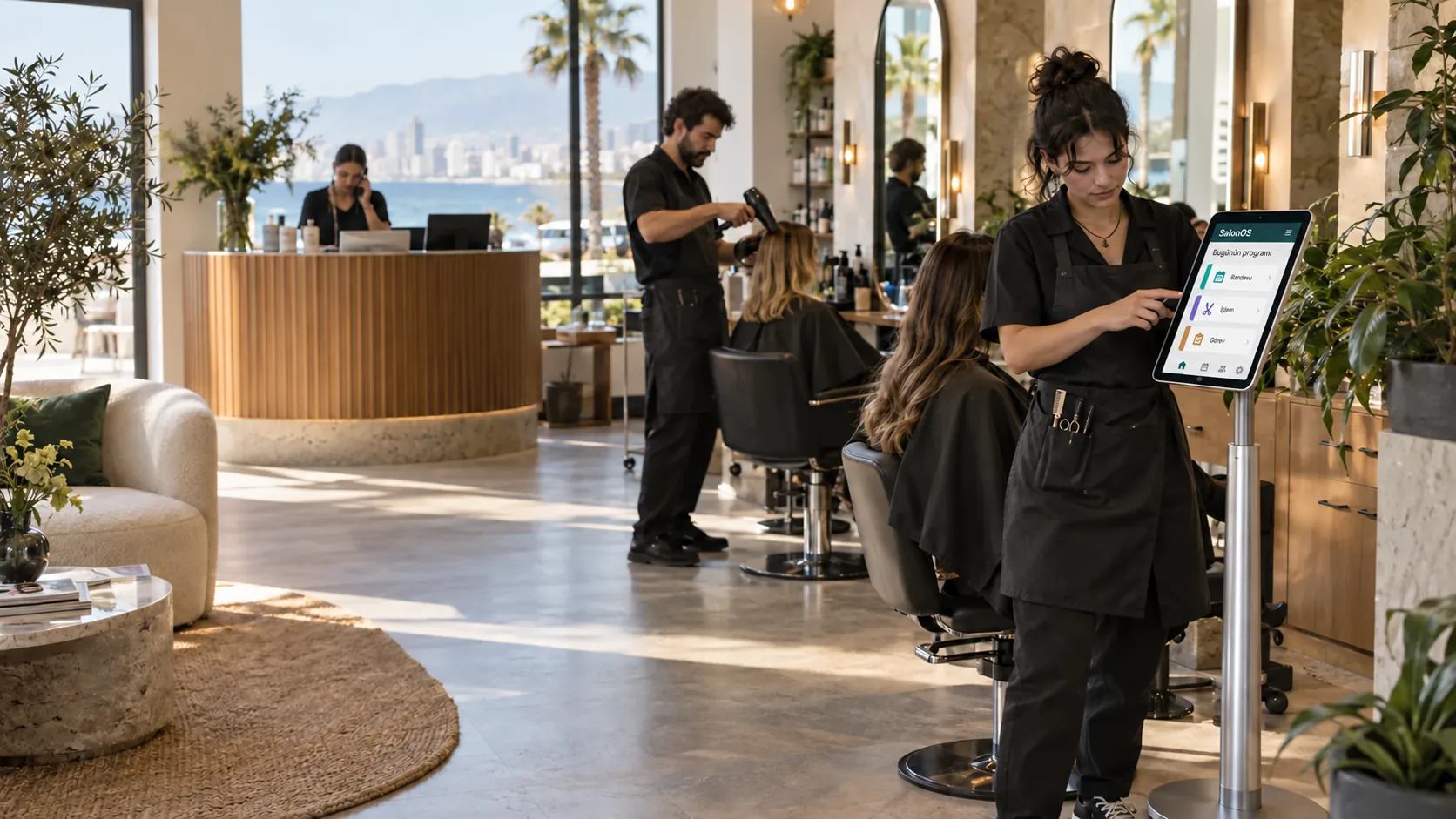 Kuaför ekibi çalışırken yanlarındaki ayaklı SalonOS tabletinde günlük akışı takip ediyor