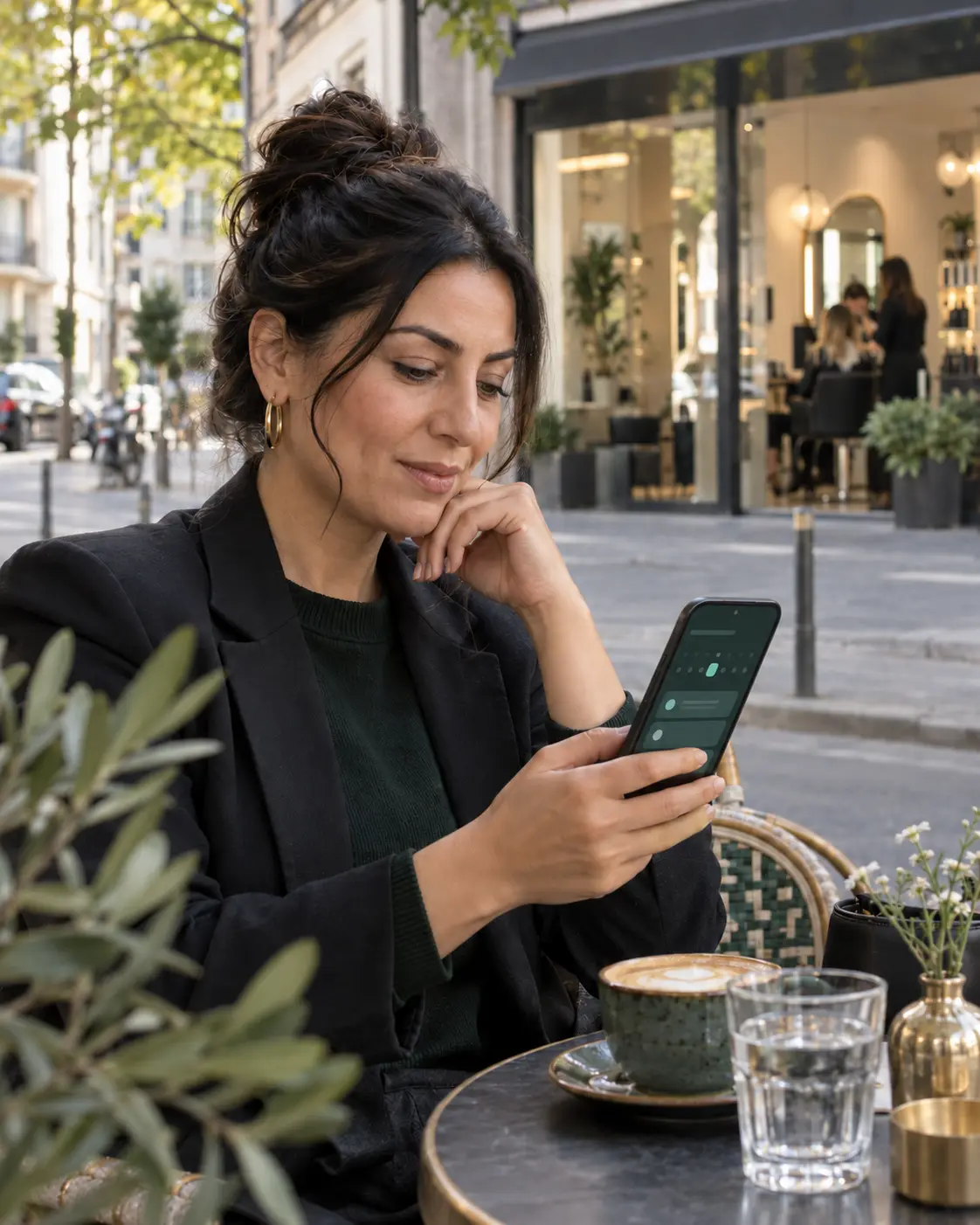 İşletme sahibi salon dışında telefonundan günün akışını inceliyor