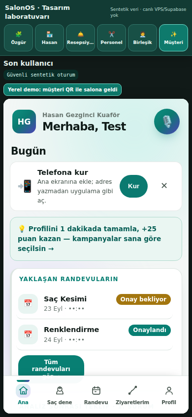 SalonOS misafir hesabı ve yaklaşan randevu ekranı