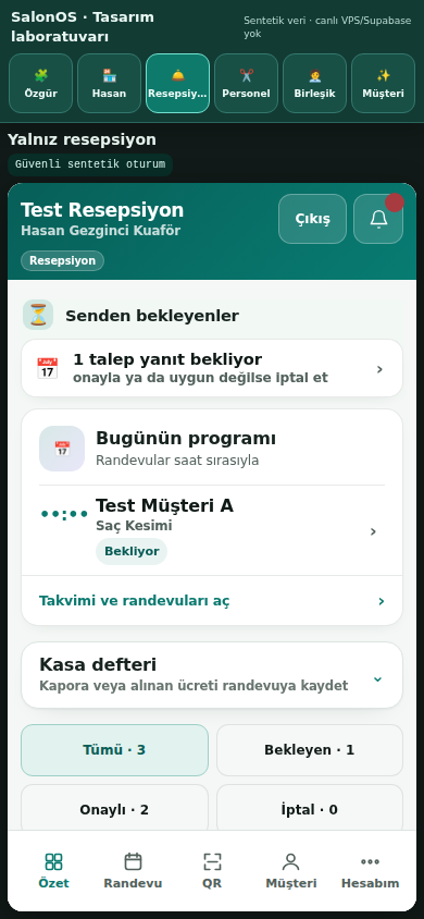 SalonOS resepsiyon özet ve randevu talebi ekranı